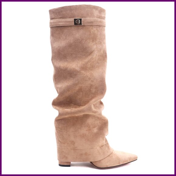 Shoes - Knee High Boots Chunky Heel Pointed Toe Suede Side Zipper Slouchy